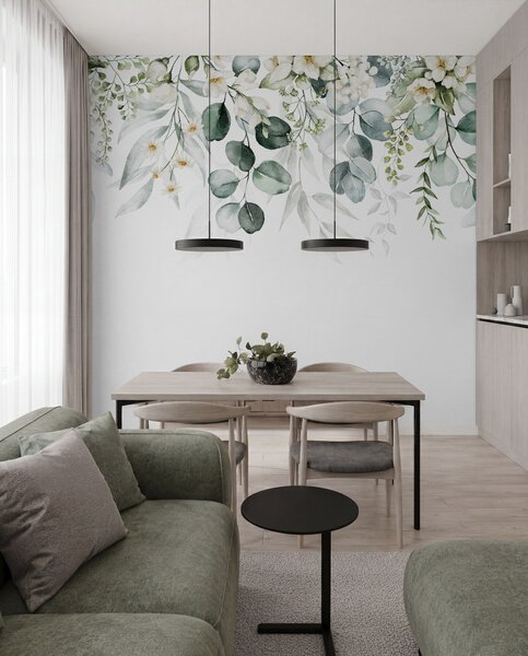 Fotótapéta Illusztráció zöld levelekkel, fehér virágokkal,, Természet fotótapéta, Fotótapéta természet levelek, u96063 : Uwalls.hu