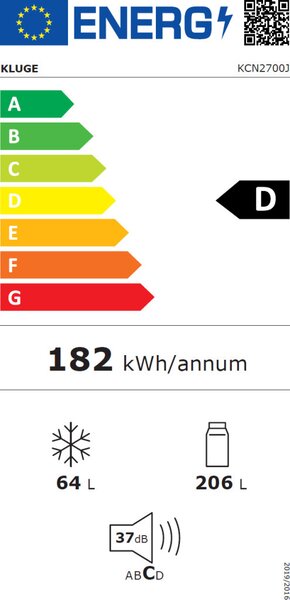 Kluge beépíthető kombi hűtőszekrény alul fagyasztóval, NoFrost, 206L/64L