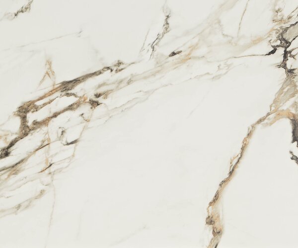 DELIFE Dohányzóasztal Ekrem 65x65 cm kerámia Calacatta Luxe fehér arany szürke hajlított láb kerek fém titán effekt felület