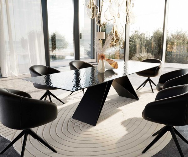 DELIFE Étkezőasztal Edge 300x100 domborított üveg füstfekete 3D design V alakú láb laposacél fekete