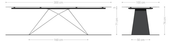DELIFE Étkezőasztal Edge 300x100 domborított üveg füstfekete 3D design V alakú láb laposacél fekete