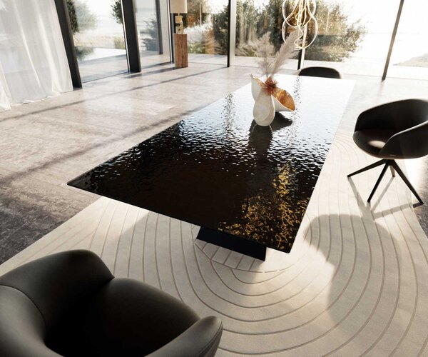 DELIFE Étkezőasztal Edge 300x100 domborított üveg füstfekete 3D design V alakú láb laposacél fekete