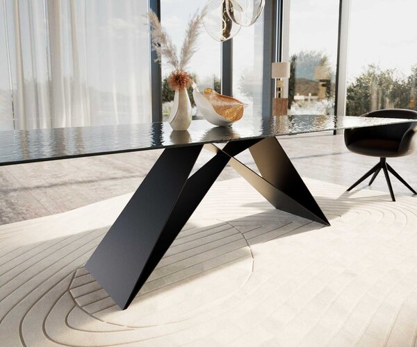 DELIFE Étkezőasztal Edge 300x100 domborított üveg füstfekete 3D design V alakú láb laposacél fekete