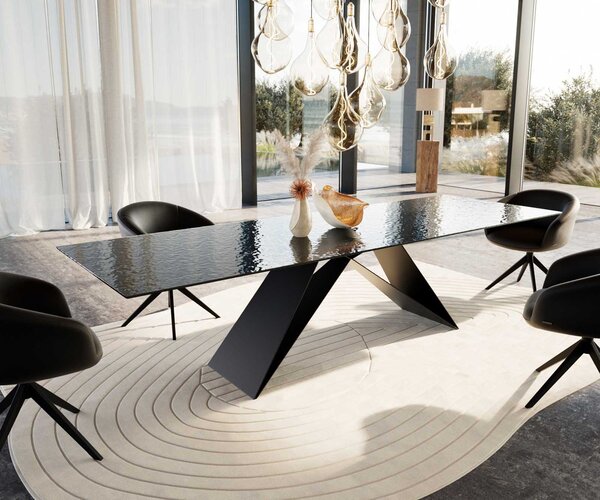 DELIFE Étkezőasztal Edge 300x100 domborított üveg füstfekete 3D design V alakú láb laposacél fekete