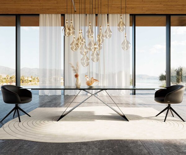 DELIFE Étkezőasztal Edge 300x100 domborított üveg füstfekete 3D design V alakú láb laposacél fekete