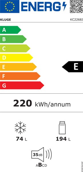 Kluge beépíthető kombi hűtőszekrény alul fagyasztóval, 194L/74L, 35dB