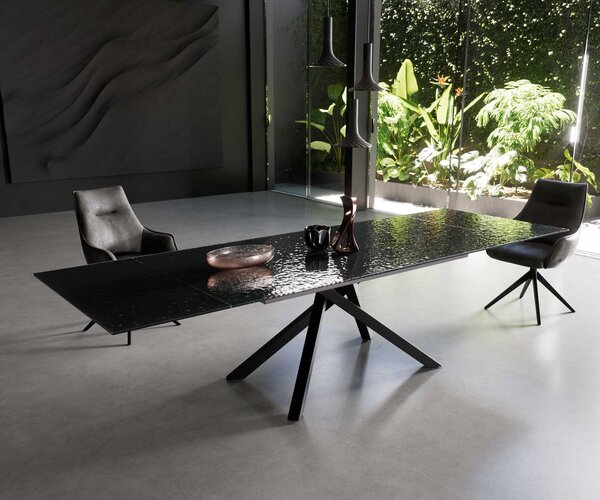 DELIFE Étkezőasztal Edge 200-300x100 domborított üveg füstfekete 3D design kereszt láb téglalap fekete kihúzható