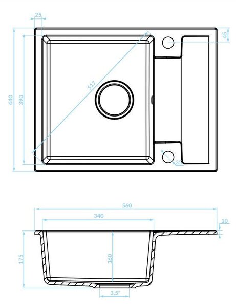 RIO MINI SZETT minicsepptálcás gránit szürke mosogató szifonnal, csappal, 56x44x17,5 cm