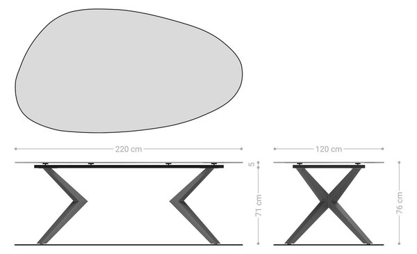DELIFE Étkezőasztal Edge ovális 220x120 domborított üveg füstfekete 3D design Zenthara szögletes fém fekete