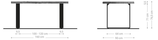 DELIFE Étkezőasztal Edge 160x90 cm XL akác természetes rozsdamentes acél keskeny Live-Edge