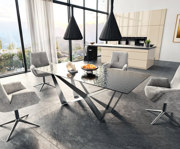 DELIFE Étkezőasztal Edge 200x100 domborított üveg füstfekete 3D design Spider laposacél rozsdamentes acél