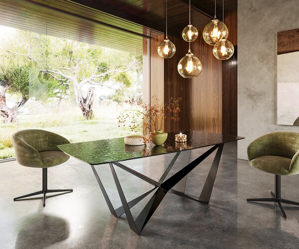DELIFE Étkezőasztal Edge hajóformájú 200x100 domborított üveg füstfekete 3D design Spider laposacél fekete