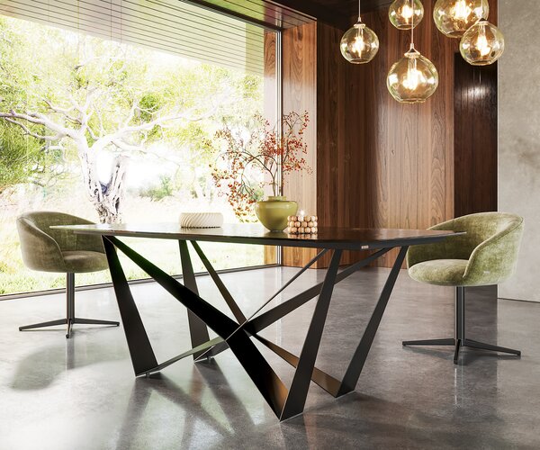 DELIFE Étkezőasztal Edge hajóformájú 200x100 domborított üveg füstfekete 3D design Spider laposacél fekete