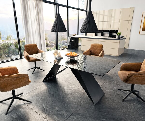DELIFE Étkezőasztal Edge 200x100 domborított üveg füstfekete 3D design V alakú láb laposacél fekete