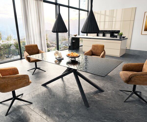 DELIFE Étkezőasztal Edge 200x100 domborított üveg füstfekete 3D design kereszt láb téglalap fekete