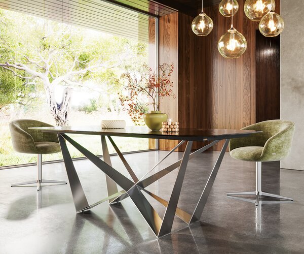 DELIFE Étkezőasztal Edge hajóformájú 200x100 domborított üveg füstfekete 3D design pókháló laposacél rozsdamentes acél