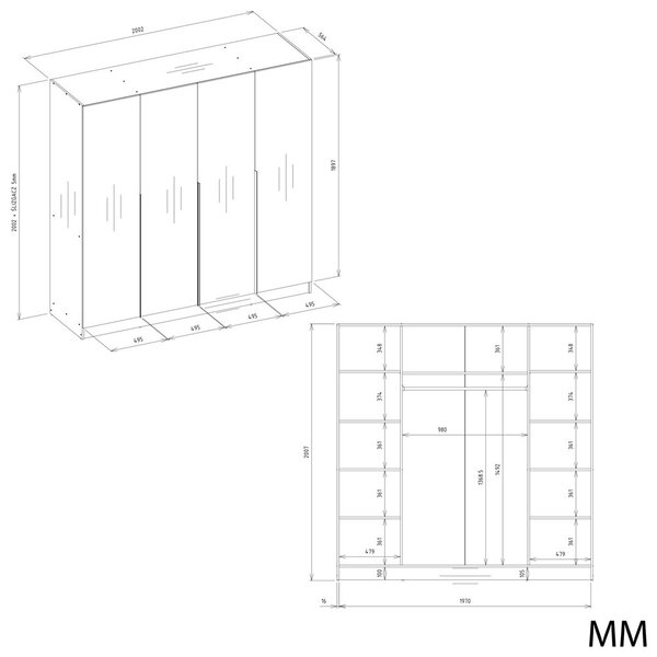 Aldabra Senso 4D 200 gardróbszekrény, 200 cm, 4 ajtó, arany fogantyúk, kasmír