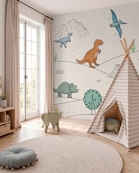 Fotótapéta Színes dinoszauruszok a dombokon, Gyerek fotótapéta, Gyerek fotótapéta dinoszauruszok, w00637 : Uwalls.hu