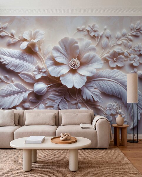 Fotótapéta 3D domborműves falfestmény tollakkal és virágokkal, világos rózsaszín, 3d fotótapéta, Fotótapéta 3d virágok, w01340v1 : Uwalls.hu