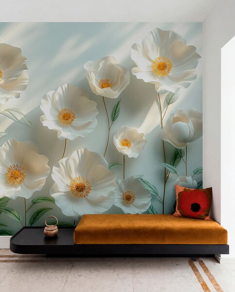 Fotótapéta Fehér pipacsok a falhoz, napfénnyel és 3D hatással, 3d fotótapéta, Fotótapéta 3d virágok, w01339 : Uwalls.hu