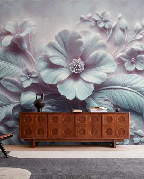 Fotótapéta 3D domborműves falfestmény tollakkal és virágokkal, világoskék színű, 3d fotótapéta, Fotótapéta 3d virágok, w01340v2 : Uwalls.hu