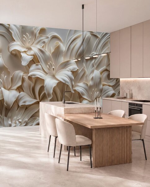 Fotótapéta Elegáns bézs 3D-s dombormű faragott liliomokból, 3d fotótapéta, Fotótapéta 3d virágok, w01433 : Uwalls.hu