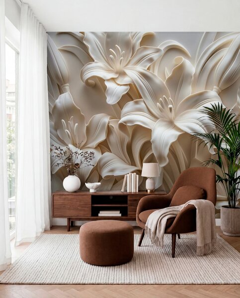 Fotótapéta Elegáns bézs 3D-s dombormű faragott liliomokból, 3d fotótapéta, Fotótapéta 3d virágok, w01433 : Uwalls.hu