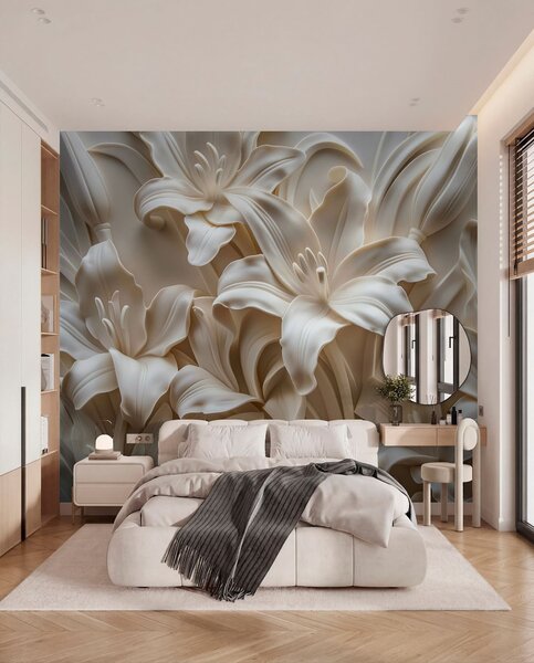 Fotótapéta Elegáns bézs 3D-s dombormű faragott liliomokból, 3d fotótapéta, Fotótapéta 3d virágok, w01433 : Uwalls.hu