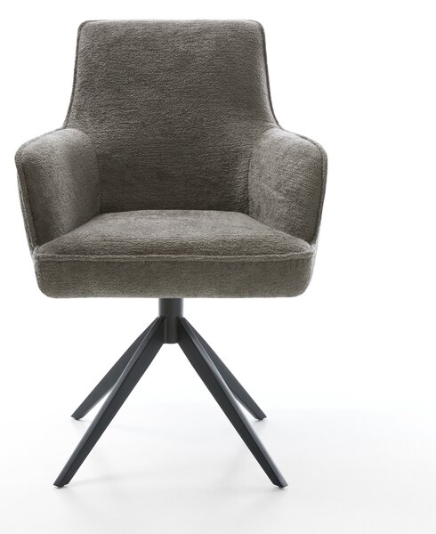 DELIFE Étkezőszék Heira-Flex karfás bouclé puha sötét bézs kereszt láb széles fekete 360° forgatható billenő zsákrugós