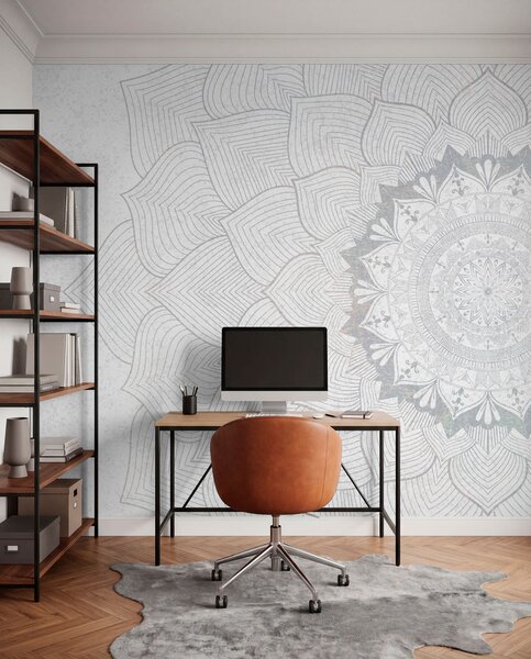 Fotótapéta Kerek mandala, tapéta jóga térbe vagy személyes tér harmonizálására. Fali mandala szürke, Fotótapéta design, w01088v2 : Uwalls.hu