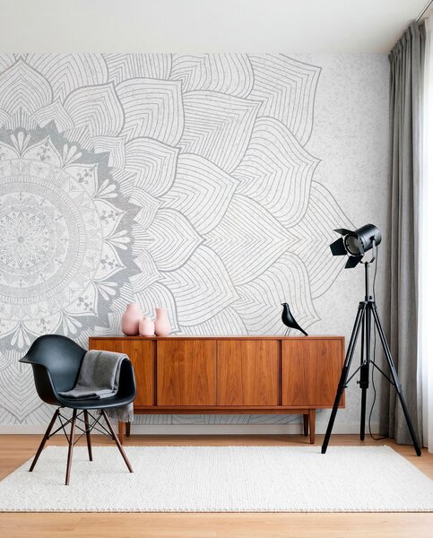 Fotótapéta Kerek mandala, tapéta jóga térbe vagy személyes tér harmonizálására. Fali mandala szürke, Fotótapéta design, w01088v2 : Uwalls.hu