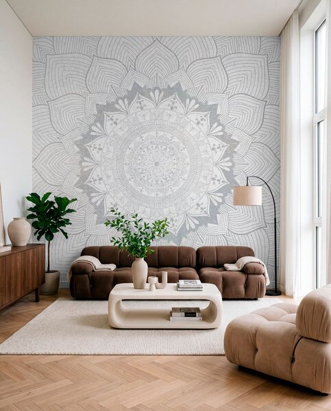 Fotótapéta Kerek mandala, tapéta jóga térbe vagy személyes tér harmonizálására. Fali mandala szürke, Fotótapéta design, w01088v2 : Uwalls.hu
