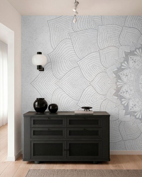 Fotótapéta Kerek mandala, tapéta jóga térbe vagy személyes tér harmonizálására. Fali mandala szürke, Fotótapéta design, w01088v2 : Uwalls.hu