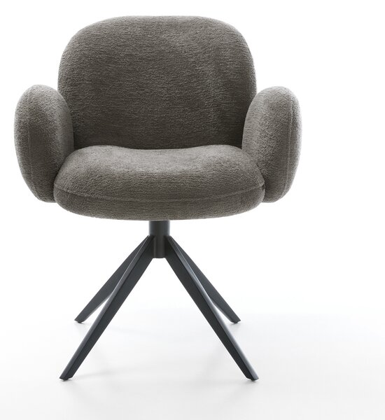DELIFE Étkezőszék Nube-Flex karfás bouclé puha sötét bézs kereszt láb széles fekete 360° forgatható billenő zsákrugós matrac