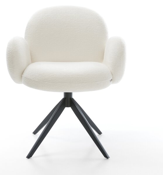 DELIFE Étkezőszék Nube-Flex karfás bouclé puha bézs kereszt láb széles fekete 360° forgatható billenő zsákrugós matrac
