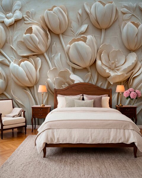Fotótapéta 3D virágos művészet kecses tulipánokkal bézs színben, 3d fotótapéta, Fotótapéta 3d virágok, w01851 : Uwalls.hu