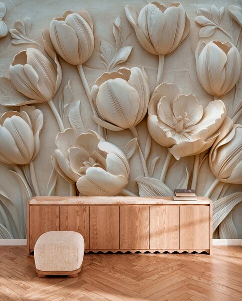 Fotótapéta 3D virágos művészet kecses tulipánokkal bézs színben, 3d fotótapéta, Fotótapéta 3d virágok, w01851 : Uwalls.hu