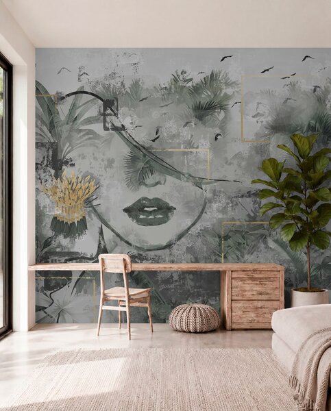 Fotótapéta Grunge esőerdő és lány arc sziluettje, Fotótapéta modern, w01916 : Uwalls.hu