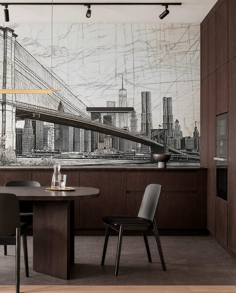 Fotótapéta Panoráma a Brooklyn hídról, vázlatos retro technikával, vonalakkal és, Városok és országok fotótapéta, w01961 : Uwalls.hu