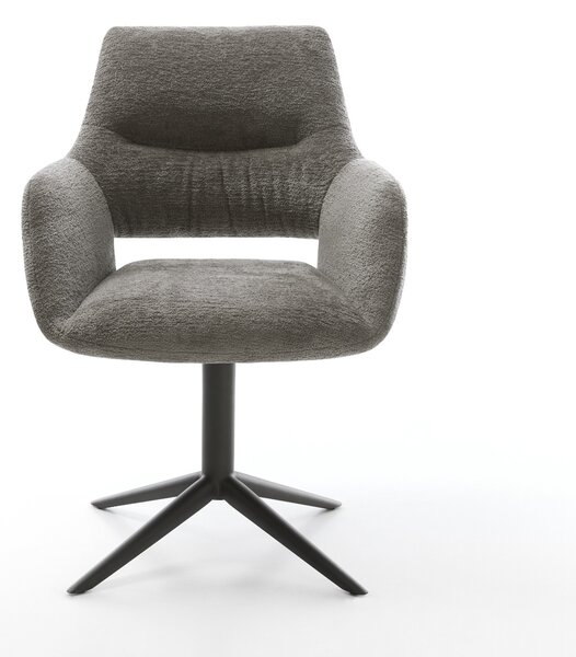 DELIFE Étkezőszék Yago-Flex karfás bouclé puha sötét bézs kereszt láb fekete 360° forgatható hintamechanizmus zsákrugó