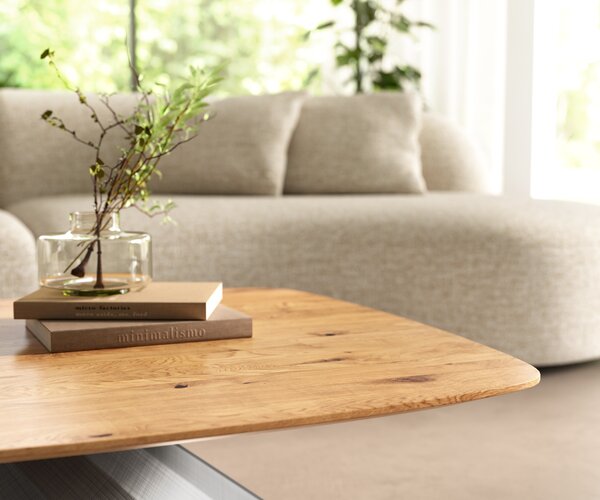 DELIFE Dohányzóasztal Edge hajóformájú 90x90 cm tölgy természetes svájci él Parabi metál ezüst