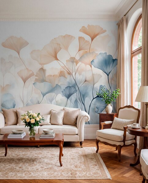 Fotótapéta Ginkgo levelek kék és narancssárga vízfestékkel, áttetsző szirmok, finom szárak, lágy, Természet fotótapéta, w08917 : Uwalls.hu