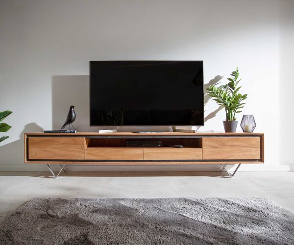 DELIFE TV szekrény Stonegrace 240 cm akác természetes 2 ajtós 1 rekeszes 2 fiókos kőfurnér V láb