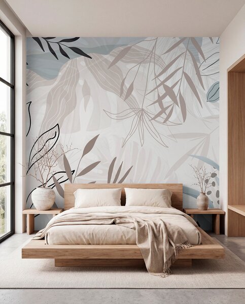 Fotótapéta Absztrakt virágos modern design pasztell bézs, szürke, kék és fekete levelekkel, finom, Fotótapéta modern, w09105 : Uwalls.hu