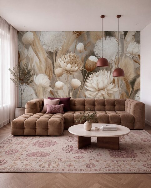Fotótapéta Boho Harmony: Bézs és krém tónusú texturált virágok, Fotótapéta virágok és növények, w09121 : Uwalls.hu