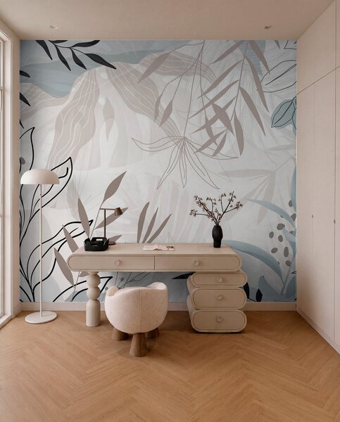 Fotótapéta Absztrakt virágos modern design pasztell bézs, szürke, kék és fekete levelekkel, finom, Fotótapéta modern, w09105 : Uwalls.hu
