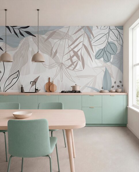 Fotótapéta Absztrakt virágos modern design pasztell bézs, szürke, kék és fekete levelekkel, finom, Fotótapéta modern, w09105 : Uwalls.hu