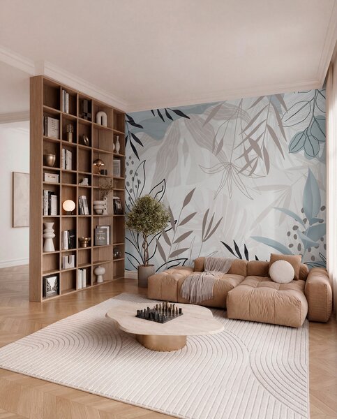 Fotótapéta Absztrakt virágos modern design pasztell bézs, szürke, kék és fekete levelekkel, finom, Fotótapéta modern, w09105 : Uwalls.hu