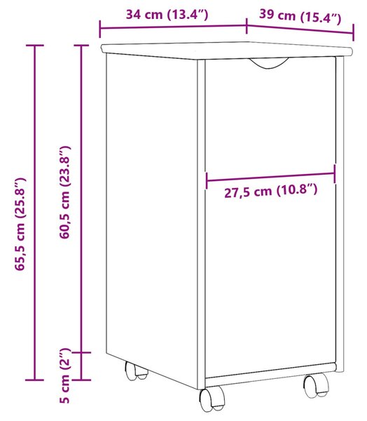 Görgős szekrény kerékkel Fehér 34 x 39 x 65,5 cm Tömör fenyőfa