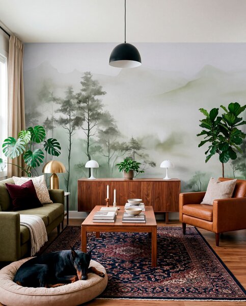 Fotótapéta Ködös táj magas fákkal és hegyekkel, tompa zöld és szürke tónusokkal, minimalista, Természet fotótapéta, w09469 : Uwalls.hu